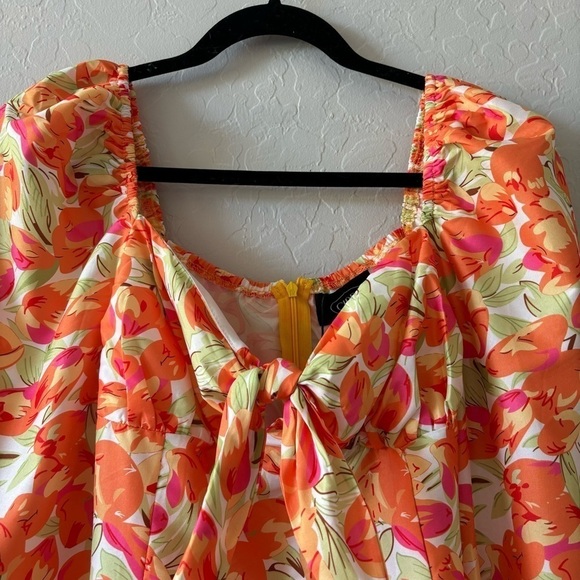 Cider Orange Floral Long Puff Sleeve Tie Front Mini Dress Resort Vacation Size S - Picture 5 of 12